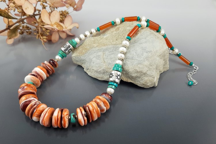 Long glass seedbead necklace with agate and sugilite.