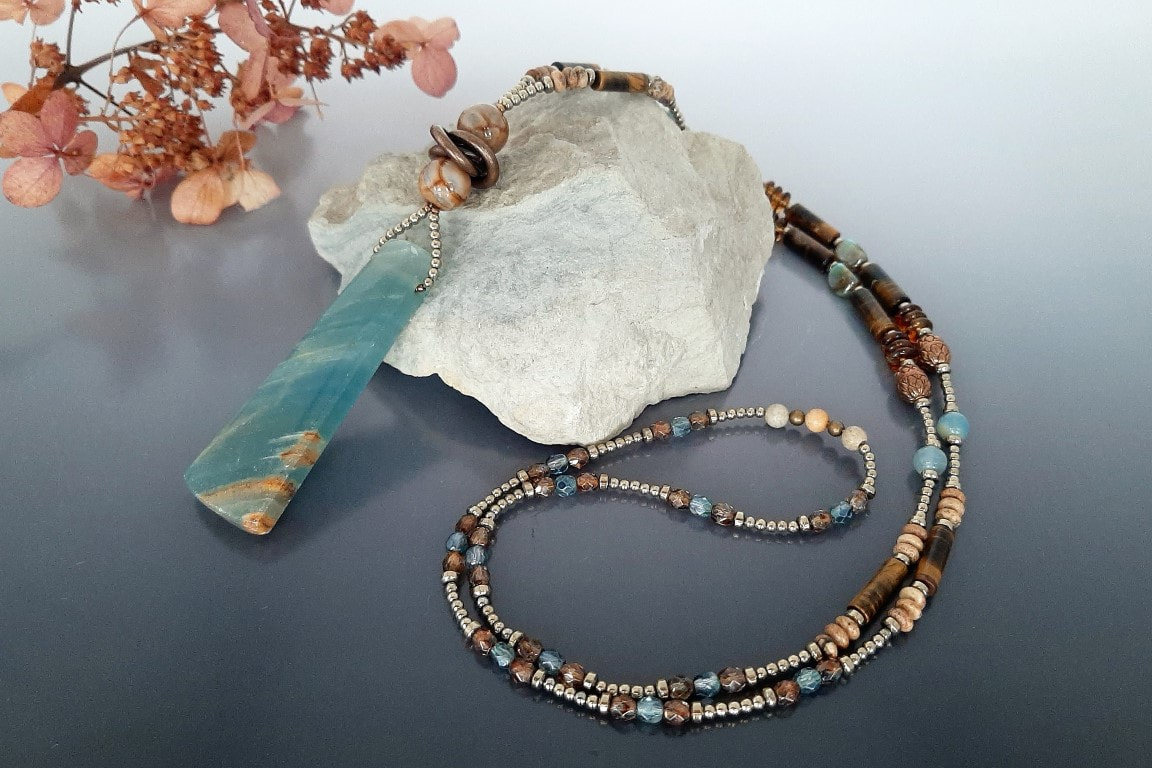 Five strand Grecian collar style necklace with apatite and carnelian gemstones.