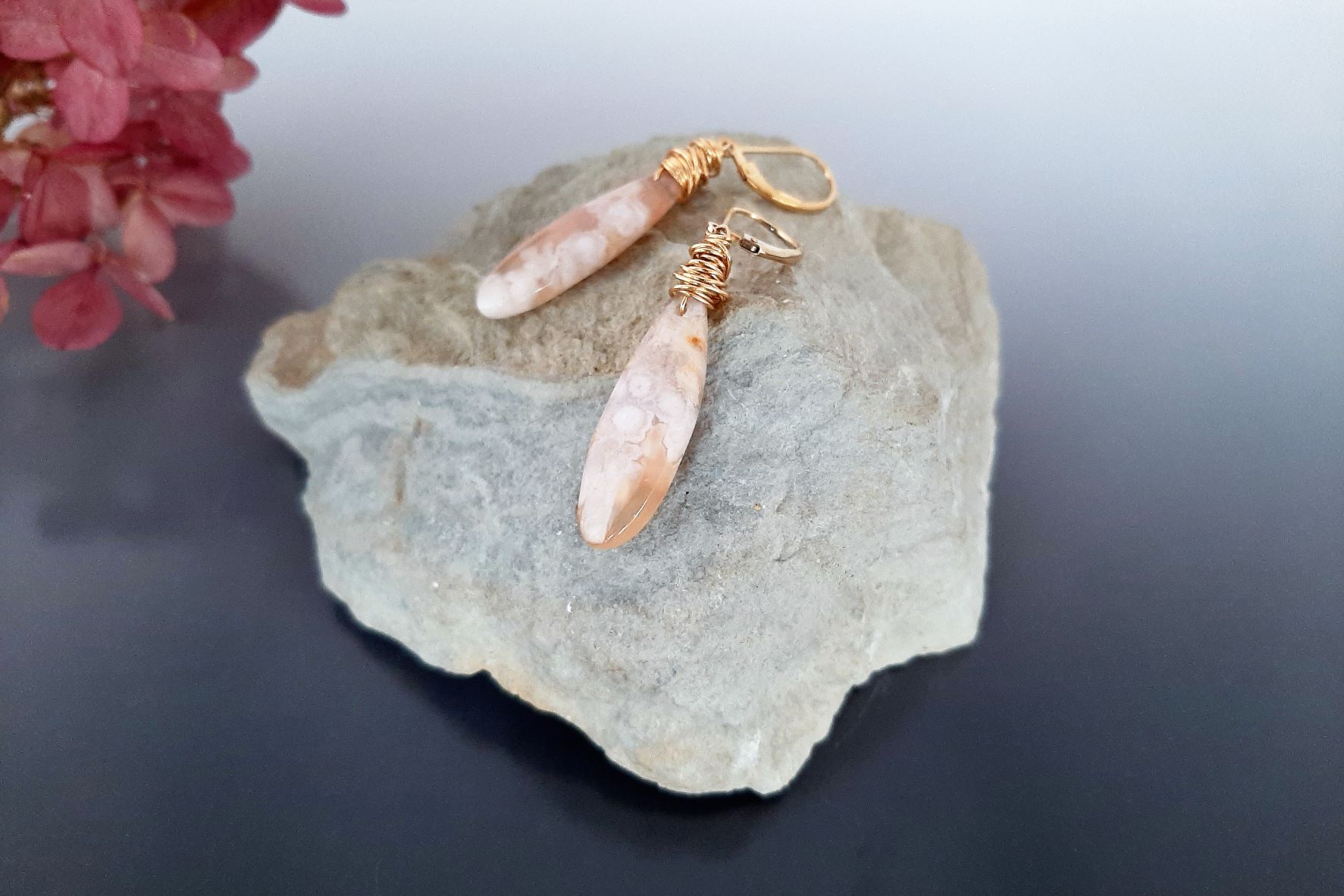 Cherry blossom agate matched pair gemstone & gold filled earrings.